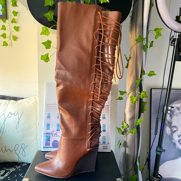 Shoe Dazzle Shoes - Over The Knee Lace Up Wedge Boots - brown